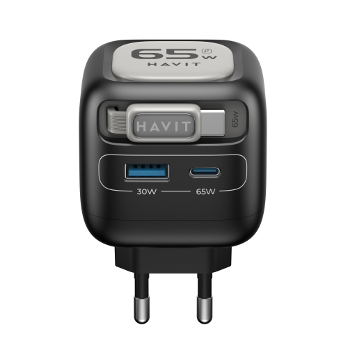 Мережевий зарядний пристрій HAVIT UC253 GaN 65W USB-A+USB-C з кабелем USB-C HV-UC253-BK