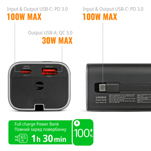 Портативний зарядний пристрій (повербанк) Videx 20000mAh 165W +Display VPB-366-G