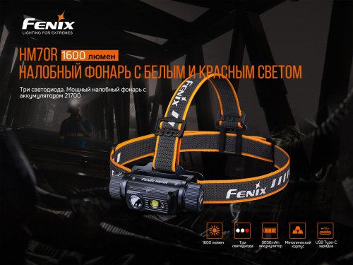 Налобный светодиодный аккумуляторный LED фонарь Fenix 1600Lm 5800-6800К IP68 HM70R