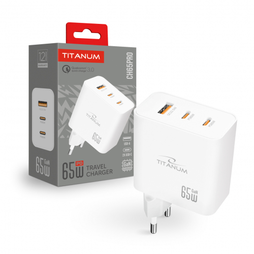 Сетевое зарядное устройство Titanum CH65PRO 65W 2xUSB-C+USB-A TA-CH65PRO-W