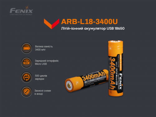 Аккумулятор Fenix Li-Ion 18650 3400mAh micro usb зарядка ARB-L18-3400U