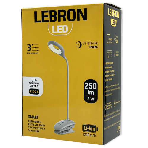 Настільна LED лампа акумуляторна Lebron L-TL-L-Clip-46 з нічником 5W 4100К біла 15-13-46