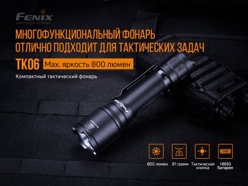 Портативный тактический светодиодный аккумуляторный LED фонарик Fenix 800Lm IP68 TK06