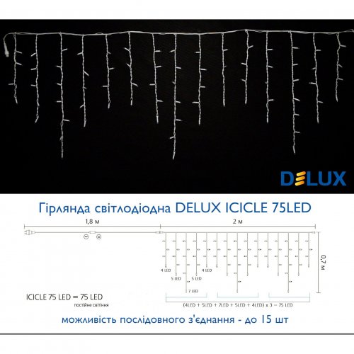 Led гирлянда DELUX Icicle 75шт 2х0.7м IP44 теплый белый/белый 90016594