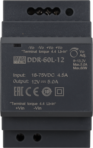 Ізольований DC/DC-перетворювач Mean Well на DIN-рейку 60W 5A 12V DDR-60L-12