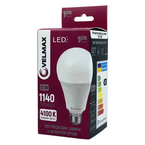 LED лампа аккумуляторная Velmax V-A80W 12W Е27 4100K 21-11-82