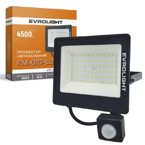 LED прожектор с датчиком движения EVROLIGHT FM-01D-50 50W 6400K IP65 000057051