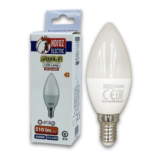 Світлодіодна LED лампа Horoz свічка ULTRA-6 6W E14 6400K 001-003-0006-011