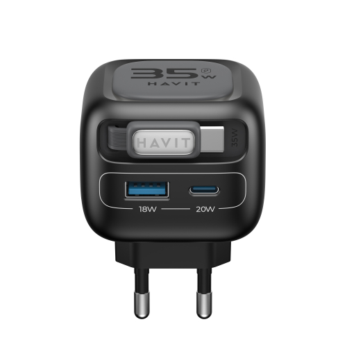 Мережевий зарядний пристрій HAVIT UC251 GaN 35W USB-A+USB-C з кабелем USB-C HV-UC251-BK