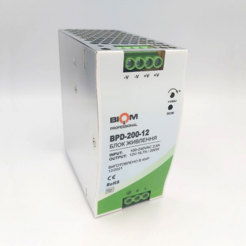 Блок живлення Biom на DIN-рейку TH35/ЕС35 200W 16.7A 12V IP20 BPD-200-12 21772