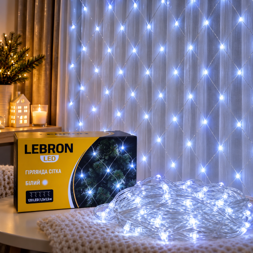 LED гирлянда Lebron сетка 1.5x1.5м 120LED 220В IP20 белая 15-18-52