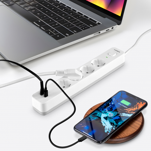 Удлинитель Videx ONCORD на 4 гнезда 16А USB + USB-C 3 метра с заземлением и кнопкой белый VF-PD43G1QC1PD-W