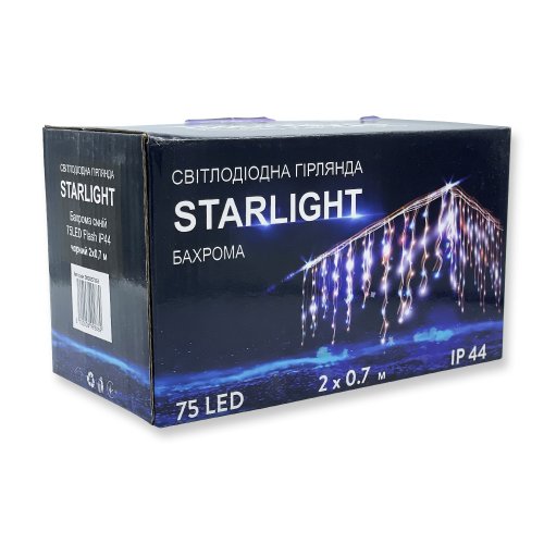 Уличная Led гирлянда Евросвет STARLIGHT бахрома синий Flash 75LED 2х0,7м IP44 черный провод 000057263