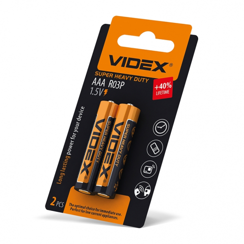 Батарейки сольові Videx R03P/AAA,  SMALL BLIST блістер 2шт. R03P/AAA 2pcs SB