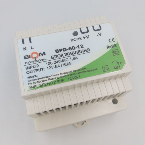 Блок живлення Biom на DIN-рейку TH35/ЕС35 60W 5A 12V IP20 BPD-60-12 21768